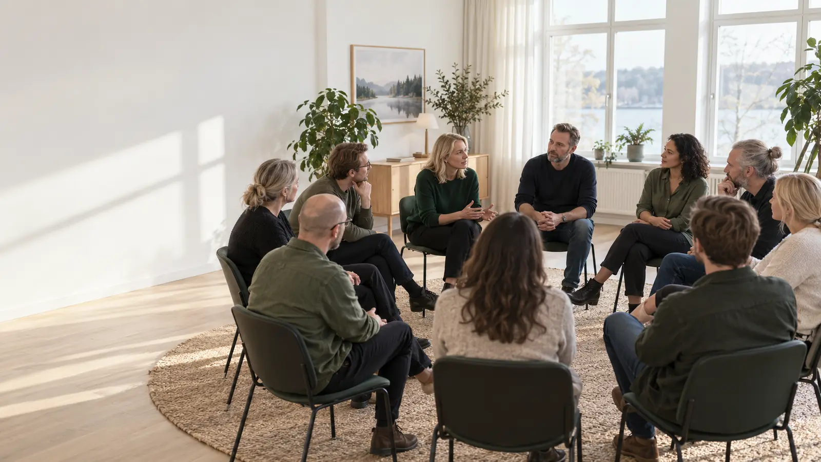 Deltagare i ring i en ljus kurslokal, första dagen